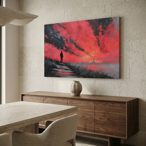 Dystopian Red Sky Wall Art - Cinematic Lone Silhouette Canvas Print - Surreal Industrial Sunset Artwork for Modern Office or Game Room