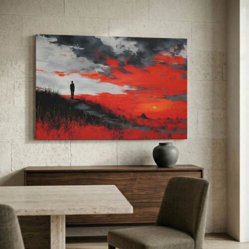 Man on a Hill Abstract Canvas Art - Atmospheric Panoramic Impressionist Landscape Canvas - Bold Red and Black Contemporary Interior Art