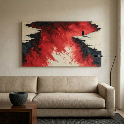 Red Abyss Wall Art Wide Horizontal Red and White Abstract Landscape - Impasto Style Crimson Chasm Canvas Print Ready to Hang.