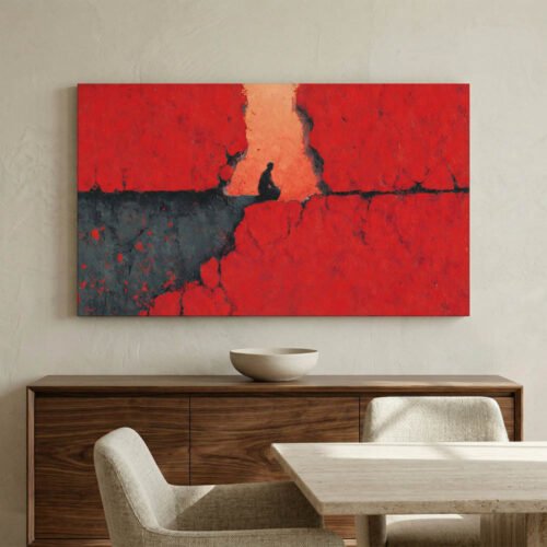 Moody Lone Figure Abstract Art on Canvas Prints - Modern Surrealist Landscape for Office or Living Room - Wide Panoramic Crimson & Charcoal Wall Decor