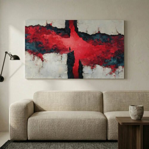 Crimson Path Surrealist Wall Art - Large Horizontal Abstract Statement Piece - Modern Industrial Red and Charcoal Canvas for Living Room