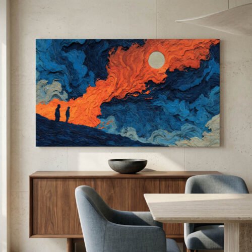 Van Gogh Style Starry Night Abstract Print - Swirling Blue and Amber Sun Landscape - Large Panoramic Fire and Ice Landscape Ready to Hang
