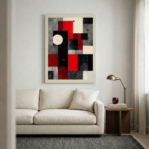 Modernist Grid Composition Canvas Art - Bauhaus Inspired Beige Circle & Red Rectangles - Vertical Grainy Texture Geometric Abstract Print.
