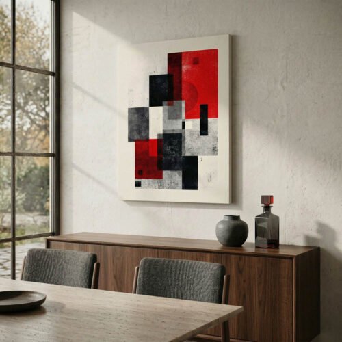 Bauhaus Constructivist Art Print - Red and Black Minimalist Modernist Print - Mid-Century Modern Framed Wall Decor Ready to Hang
