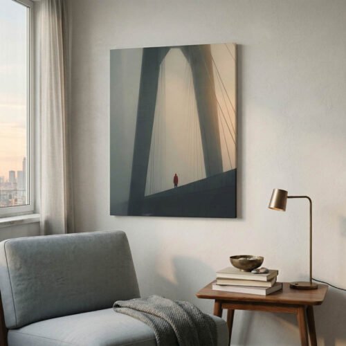 Cinematic Suspension Bridge Wall Art - Red & Grey Minimalist Statement Piece - Modern Atmospheric Foggy Landscape Canvas for Office or Living Room