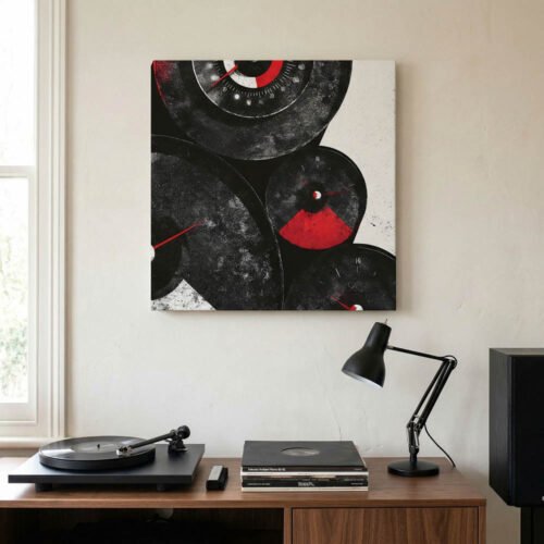 Modern Red & Black Mechanical Wall Art - Textured Abstract Square Canvas Print - Industrial Minimalist Statement Piece for Home Office or Garage