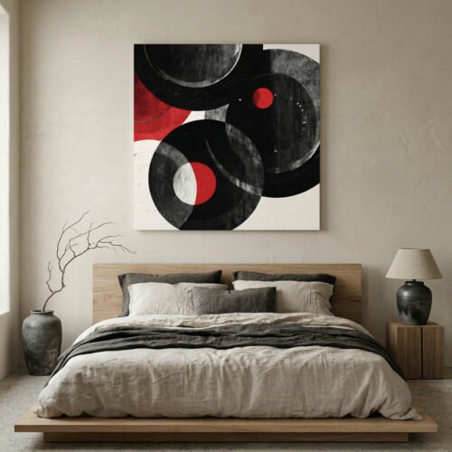 Modern Red & Black Overlapping Circle Wall Art - Textured Abstract Square Canvas Print - Minimalist Grainy Screen Print Style Decor