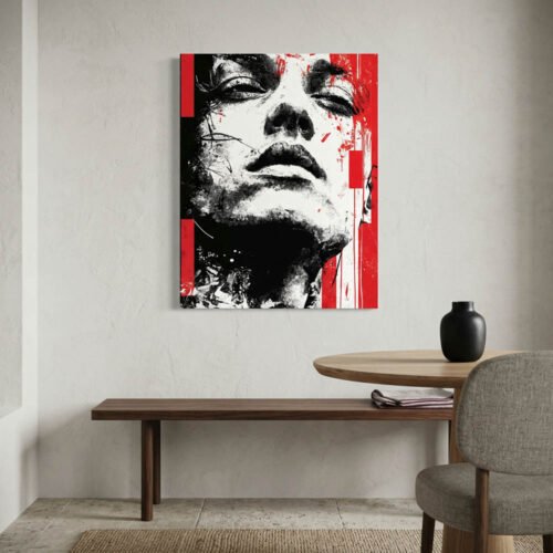 Modern Gritty Female Portrait Wall Art - Red Splatter Halftone Face Canvas Print - Industrial Style Urban Decor for Studio or Loft