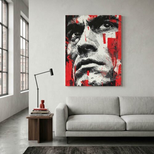 Bold Black and Red Halftone Canvas Art Print with Red Paint Splatter - Industrial Style Urban Framed Wall Decor for Man Cave or Studio