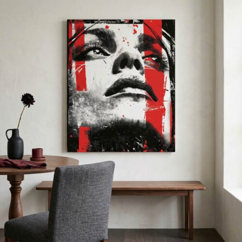 Dot-Matrix Female Portrait Wall Art - Red Splatter Halftone Face Canvas Print - Industrial Style Urban Decor for Studio or Loft