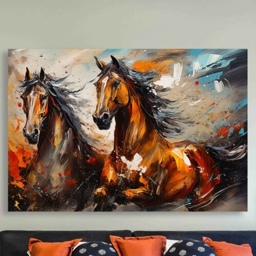 Wild Horses Running Abstract Canvas Wall Art - Modern Brown Stallions Galloping Painting Print - Textured Equine Decor for Office & Living Room