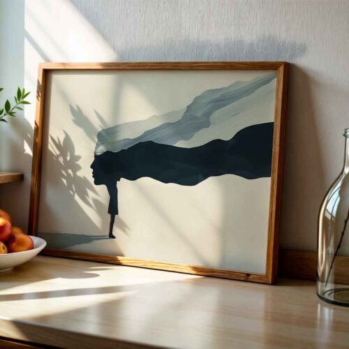 Surreal Mindscape Art Print, Abstract Female Silhouette Wall Decor, Ethereal Long Flowing Hair Illustration, Grey & Dark Blue Modern Poster Print