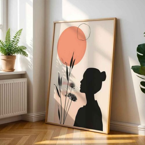 Peach Circle Sun Botanical Poster - Minimalist Bohemian Wall Decor, Contemporary Feminine Earth Tone Art