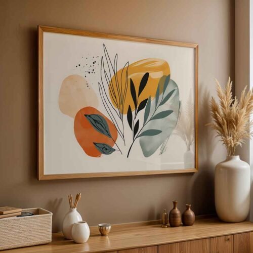 Earth Tone Botanical Print - Sage Green and Terracotta Minimalist Leaves Poster Print, Japandi Style Horizontal Boho Abstract Wall Art