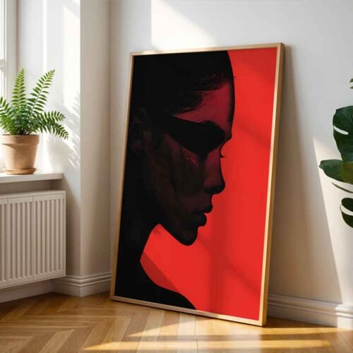 Scarlet Red Modern Art, Avant-Garde Poster Print for Wall Decor, Minimalist Noir Portrait Edgy Feminine for Home Decor