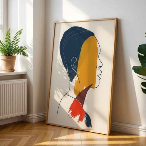Minimalist Portrait Line Art - Modern Black Man Profile Wall Art, Navy Blue & Mustard Yellow Decor, Modern Minimalist Portrait with Abstract Shapes