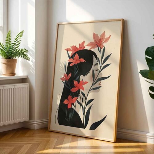 Minimalist Woman with Red Lily - Modern Feminine Botanical Wall Art Print, Earthy Neutral Portrait, Aesthetic Girl with Flowers Poster Print