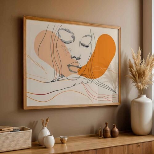 Serene Woman Portrait Art - Abstract Flowing Lines and Shapes Print, Mustard Yellow & Terracotta Wall Decor, Minimalist Fine Line Illustration