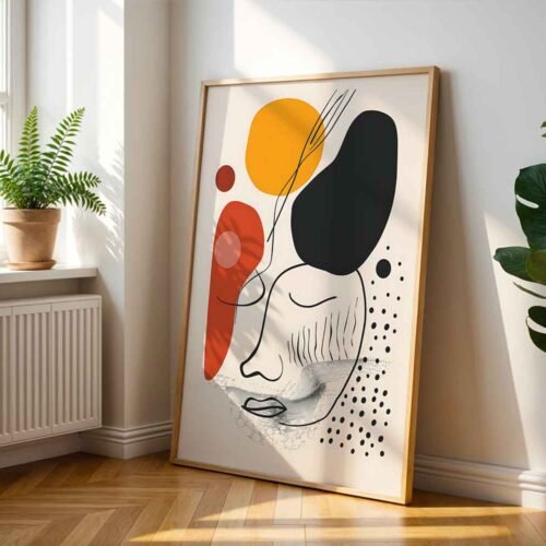 Geometric Abstract Face Art - Mid Century Modern Wall Decor, Minimalist Line Drawing with Mustard and Terracotta Shapes, Boho Chic Poster Print