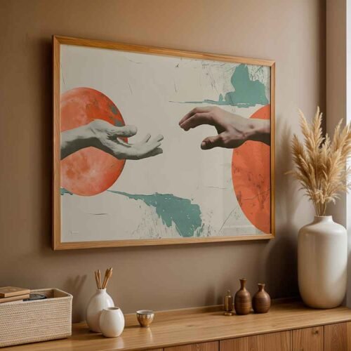 Conceptual Reaching Hands- Modern Cosmic Collage Poster Print, Burnt Orange Moon & Teal Abstract Poster, Aesthetic Minimalist Art