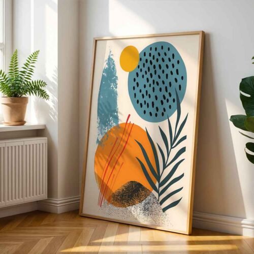 Geometric Sun and Palm Leaf - Teal Blue and Orange Shapes Wall Art, Minimalist Botanical Poster, Contemporary Living Room Decor