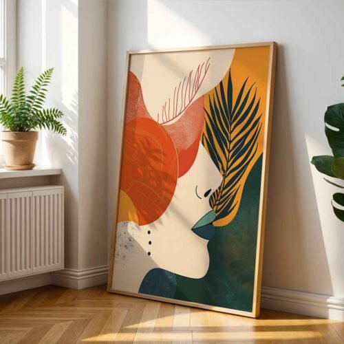 Abstract Botanical Woman Portrait - Terracotta & Emerald Green Wall Art, MCM Minimalist Feminine Print, Modern Aesthetic Wall Art