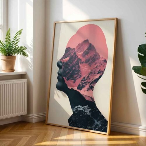 Mountain Peaks Exposure Portrait - Surreal Nature Landscape Print, Rose Pink Aesthetic Wall Decor, Minimalist Portrait Poster Print