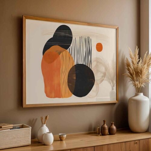 Terracotta and Beige Poster Print - Modern Wabi-Sabi Wall Art for Living Room, Burnt Orange & Black Geometric Shapes for Home Decor.