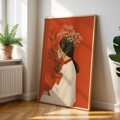 Minimalist Woman with Flowers Art Print, Burnt Orange Botanical Portrait, Boho Girl with Baby's Breath Wall Decor Poster Print
