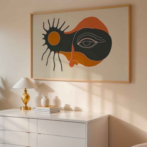 Boho Abstract Eye Print - Terracotta & Black Sun Wall Decor, Celestial Minimalist Face Art, Earthy Organic Shapes Poster Wall Art Print