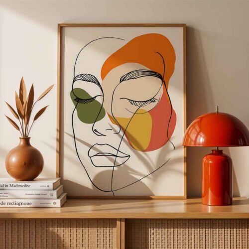 Earth Tone Shapes - Boho Woman Face Outline Poster, Abstract Feminine Line Art Print, Terracotta and Mustard Yellow Home Decor, Modern Wall Art