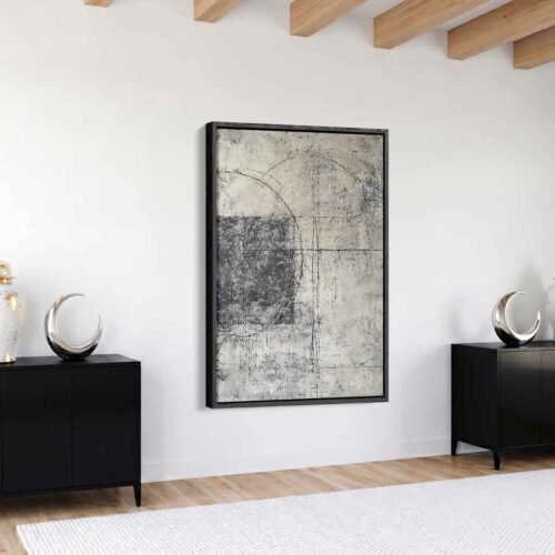 Neutral Grey - Art Prints, Architectural Calm: Abstract Minimalist Grey Geometric Canvas Art. Modern Black and Grey Wall Decor for Living Room.