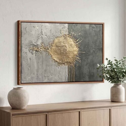 Gilded Energy - Art Prints: Large Gold Splash & Industrial Grey Abstract Art. Gold and Charcoal Sunburst Prints, Large Canvas Art for Home Decor.