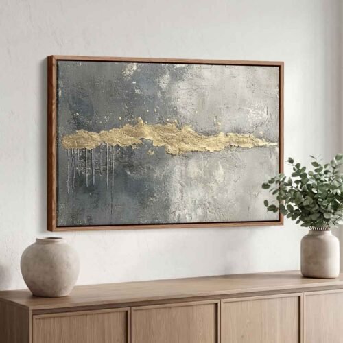 Grit and Glamour - Wall Art, The Executive Horizon: Sophisticated Gold & Grey Industrial Abstract Art Prints. Gold and Grey Mixed Media Style Art.