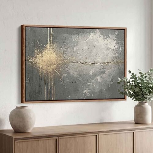 Abstract Starburst - Art Prints, Radiant Industry: Sophisticated Gold & Grey Canvas Wall Art. Premium Ready to Hang Industrial Art for Wall Decor.