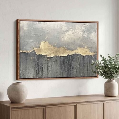 Gold-Toned Ochre - Art Prints,The Gilded Horizon: Modern Gold & Grey Abstract Landscape Wall Art Prints. Contemporary Impasto Style Wall Art.