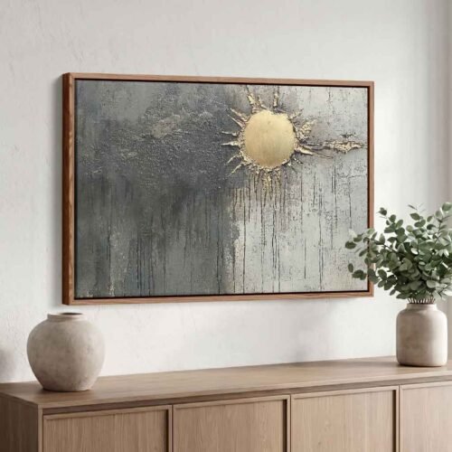 Solar Radiance - Wall Art, Sophisticated Gold Sun Abstract Industrial Art. Ready to Hang Industrial Office Art, Celestial Theme Canvas Print.