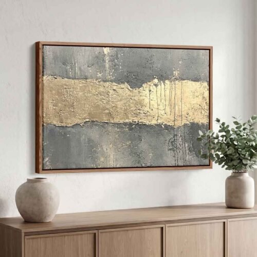 The Gilded Edge - Art Prints, Sophisticated Gold & Grey Industrial Abstract Art. Industrial Living Room Decor, Large Minimalist Horizontal Print.