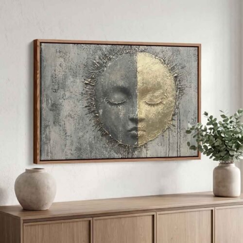 The Zenith of Calm - Art Prints: Celestial Split Face Portrait Art. Abstract Gold and Grey Sun Face Canvas Wall Art for Meditation Room.