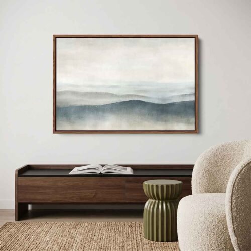 Summit of Serenity - Art Prints, Textured Modern Blue and Grey Mountain Abstract Art. Calming Neutral Wall Art for Modern Living Room.