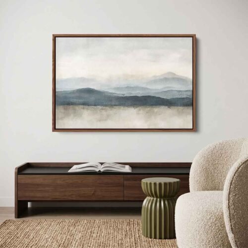 Peak Harmony - Wall Art, Abstract Blue & Beige Mountain Landscape Art Prints. Calming Neutral Wall Art for Modern Living Room.