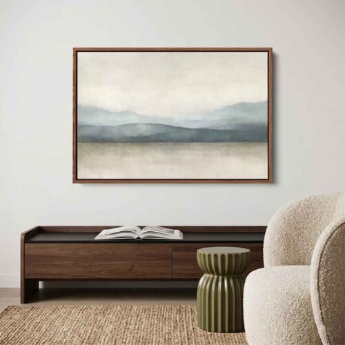 Minimalist Palette - Art Prints, The Peak of Tranquility. Large Mountain Landscape Canvas Art. Serene Blue and Neutral Wall Art for Living Room.