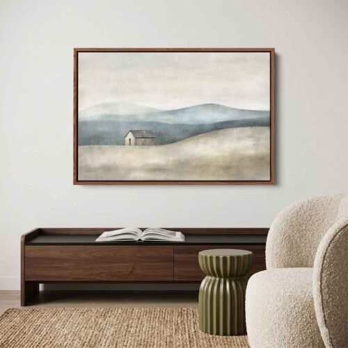 Rural Tranquility - Wall Art, Large Serene Barn and Blue Hill Canvas Art. Minimalist Blue & Beige Abstract Landscape - Countryside Wall Decor.