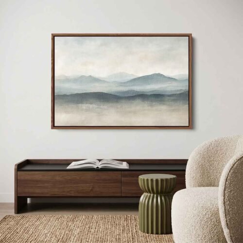 Drift Into Calm - Wall Art, Large Serene Misty Mountain Canvas Wall Art. Calming Blue and Grey Wall Decor for Bedroom. Framed Canvas Prints.