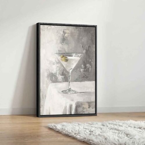 Modern Impasto - Bar Art. Minimalist Impasto Martini Glass Canvas Print. Textured Grey Alcohol Canvas, Distressed Modern Abstract Print.