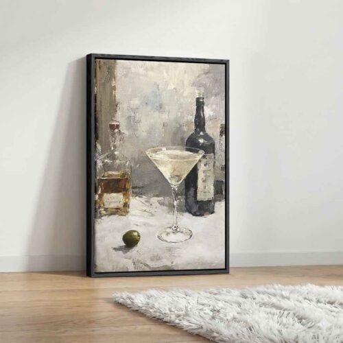 Impasto Still Life - Bar Decor, Tactile Sophistication. Martini Glass Canvas Wall Art and Vintage Wine Bottle Artwork. Impasto Canvas Art Prints.