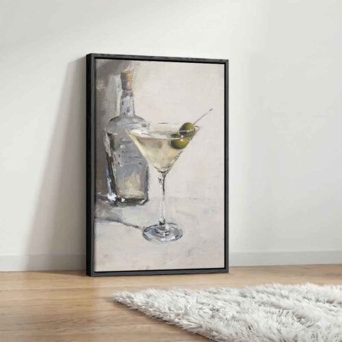 Happy Hour - Bar Cart Decor, Minimalist Impasto Martini Canvas Art. Dirty Martini Wall Decor, Elegant Alcoholic Drink Artwork for Dining Room.