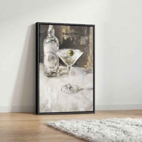 Nightcap Noir - Wall Art: Sophisticated Cocktail & Bottle Moody Neutral Art on Canvas Print. Textured Neutral Still Life - Palette Knife Bar Art.