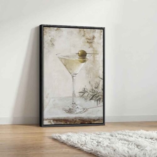 Cocktail Hour Chic - Art Prints, Elegant Martini & Olive Branch Canvas Art. Textured Neutral Still Life - Rustic Bar Framed Canvas Art Prints.