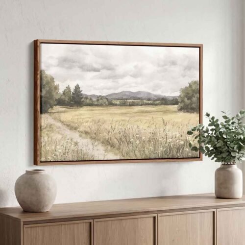 The Path to Tranquility - Wall Art, Serene Mountain Trail Watercolour Art. Vintage Field Pathway Canvas Print, Moody Watercolour Wilderness Art.